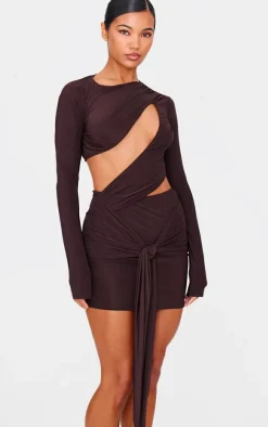 Chocolate Cut Out Bust Panel Long Sleeve Drape Bodycon Dress