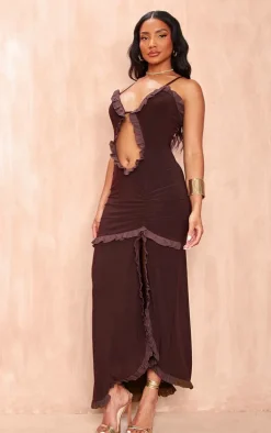 Chocolate Cut Out Cami Split Hem Midaxi Dress
