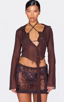 Chocolate Devore Frill Detail Mini Skirt