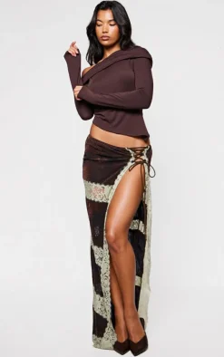 Chocolate Devore Lace Trim Tie Front Detail Maxi Skirt