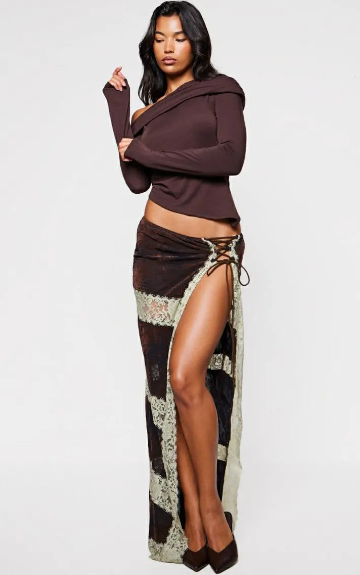 Chocolate Devore Lace Trim Tie Front Detail Maxi Skirt