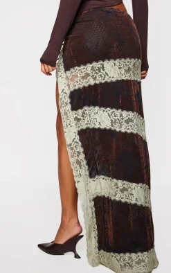 Chocolate Devore Lace Trim Tie Front Detail Maxi Skirt