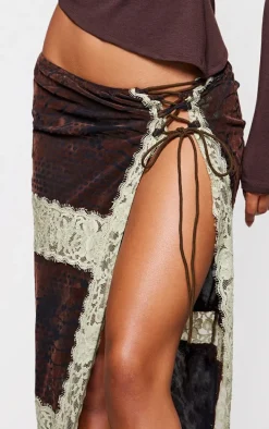 Chocolate Devore Lace Trim Tie Front Detail Maxi Skirt
