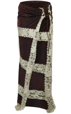 Chocolate Devore Lace Trim Tie Front Detail Maxi Skirt