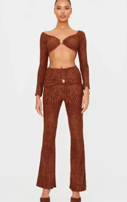 Chocolate Devore Long Sleeve Trim Cut Out Detail Jumpsuit