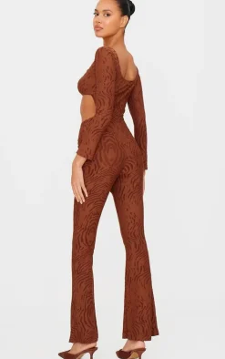 Chocolate Devore Long Sleeve Trim Cut Out Detail Jumpsuit