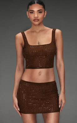 Chocolate Diamante Double Layer Mesh Scooped Back Cami Top
