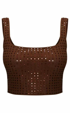 Chocolate Diamante Double Layer Mesh Scooped Back Cami Top