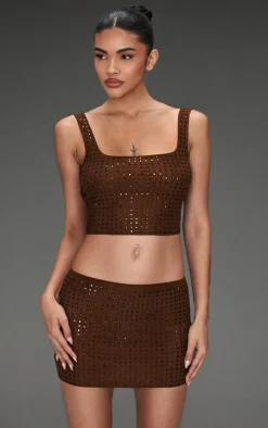 Chocolate Diamante Double Layer Mesh Micro Mini Skirt