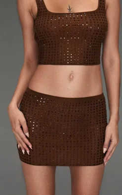 Chocolate Diamante Double Layer Mesh Micro Mini Skirt