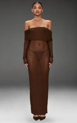 Chocolate Diamante Mesh Bardot Maxi Dress