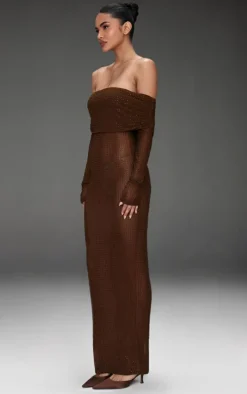 Chocolate Diamante Mesh Bardot Maxi Dress