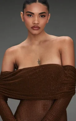 Chocolate Diamante Mesh Bardot Maxi Dress