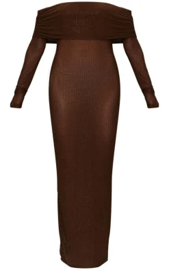 Chocolate Diamante Mesh Bardot Maxi Dress