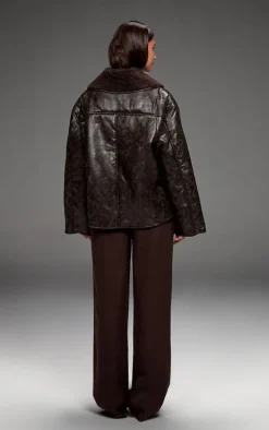 Chocolate Distressed Faux Leather Borg Contrast Aviator Jacket