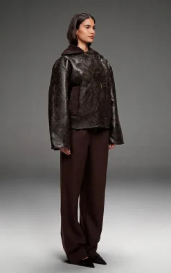 Chocolate Distressed Faux Leather Borg Contrast Aviator Jacket