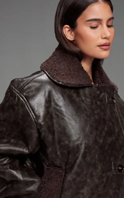 Chocolate Distressed Faux Leather Borg Contrast Aviator Jacket