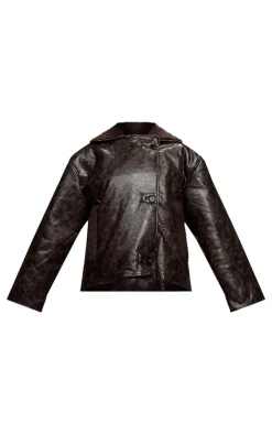 Chocolate Distressed Faux Leather Borg Contrast Aviator Jacket