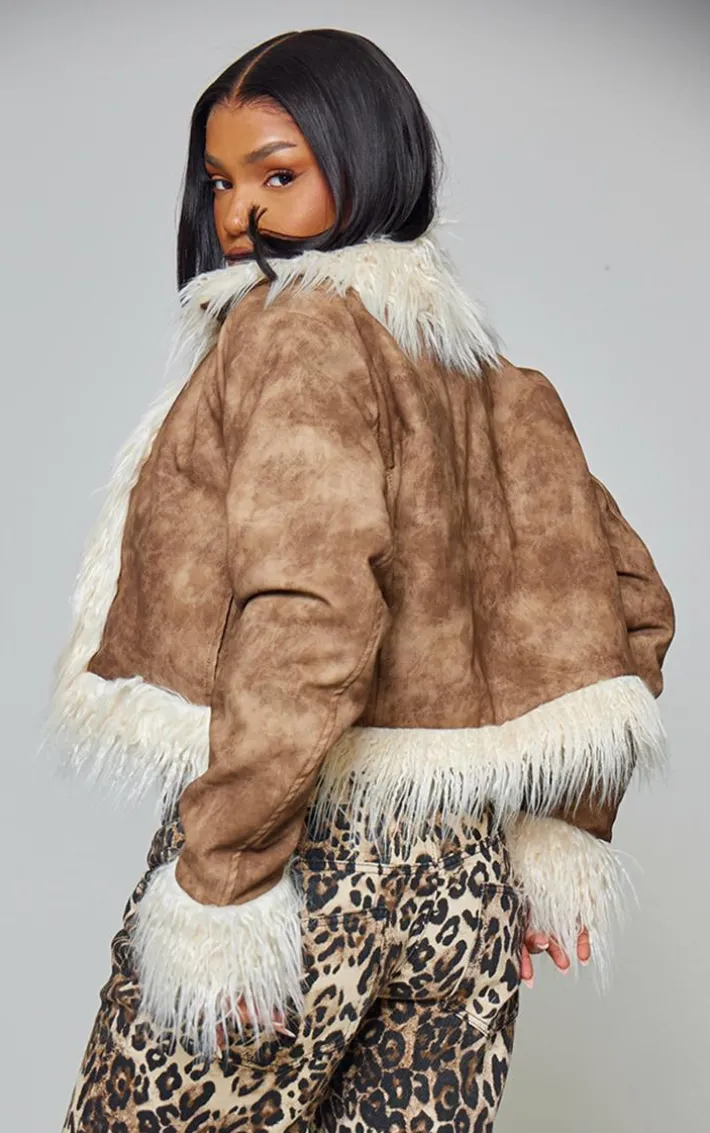 Chocolate Distressed Pu Faux Fur Cuff And Collar Jacket