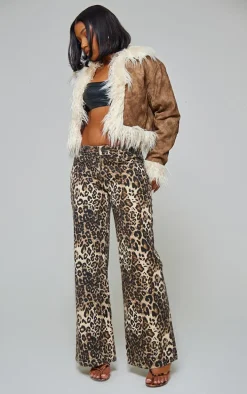 Chocolate Distressed Pu Faux Fur Cuff And Collar Jacket