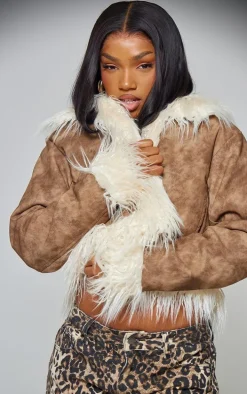 Chocolate Distressed Pu Faux Fur Cuff And Collar Jacket
