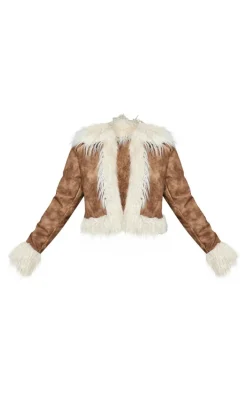 Chocolate Distressed Pu Faux Fur Cuff And Collar Jacket