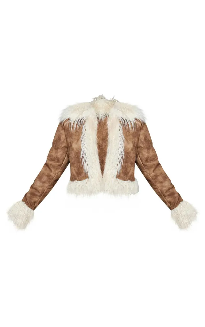 Chocolate Distressed Pu Faux Fur Cuff And Collar Jacket