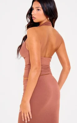 Chocolate Double Contour Jersey Halterneck Crop Top