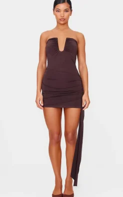 Chocolate Double Layer Bandeau Drape Detail Mini Dress