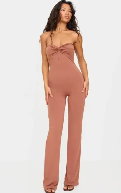Chocolate Double Layer Contour Jersey Twist Bandeau Jumpsuit