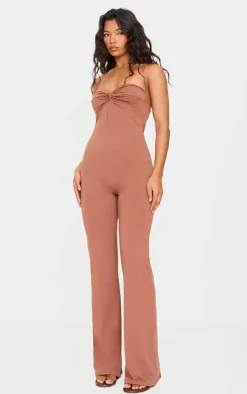Chocolate Double Layer Contour Jersey Twist Bandeau Jumpsuit