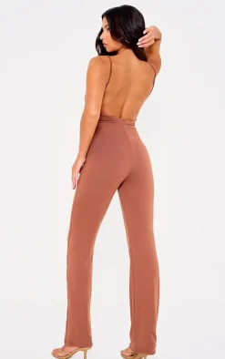 Chocolate Double Layer Contour Jersey Strappy Scoop Back Jumpsuit