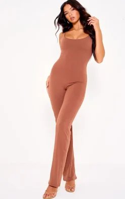 Chocolate Double Layer Contour Jersey Strappy Scoop Back Jumpsuit