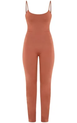 Chocolate Double Layer Contour Jersey Strappy Scoop Back Jumpsuit