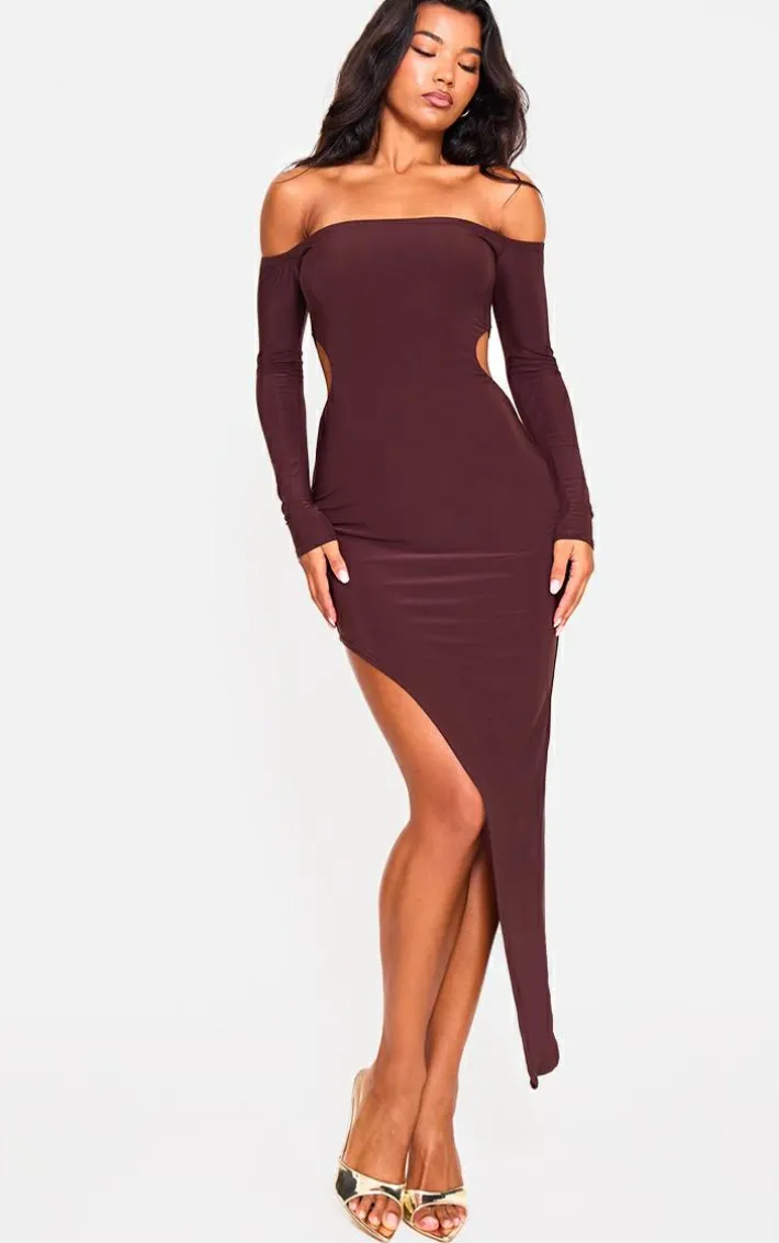 Chocolate Double Layer Long Sleeve Bardot Cut Out Midi Dress