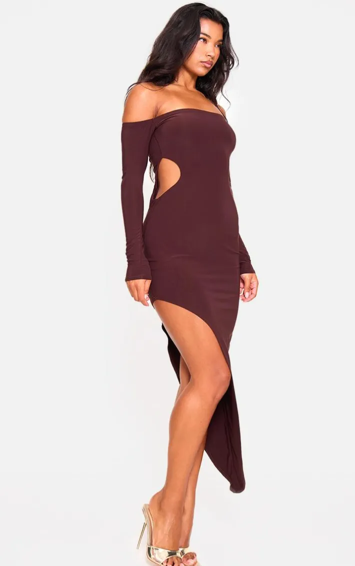 Chocolate Double Layer Long Sleeve Bardot Cut Out Midi Dress