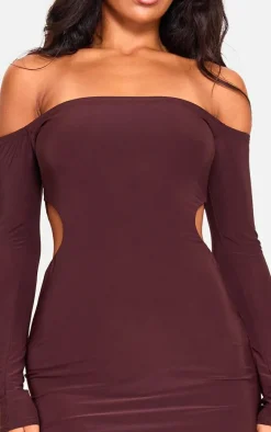 Chocolate Double Layer Long Sleeve Bardot Cut Out Midi Dress