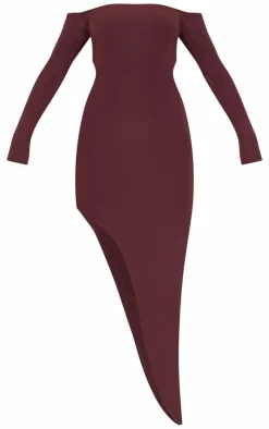Chocolate Double Layer Long Sleeve Bardot Cut Out Midi Dress