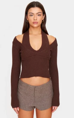 Chocolate Double Layer Rib Knit Long Sleeve Top