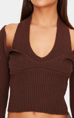 Chocolate Double Layer Rib Knit Long Sleeve Top