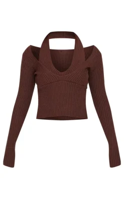Chocolate Double Layer Rib Knit Long Sleeve Top