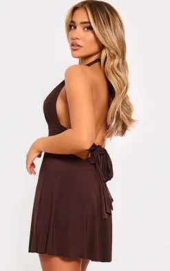 Chocolate Double Layer Slinky Halter Neck Tie Back Shift Dress