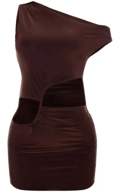 Chocolate Double Layer Slinky Twist Front Mini Dress