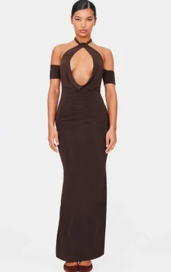 Chocolate Double Layer Slinky Cowl Neck Sleeve Detail Maxi Dress