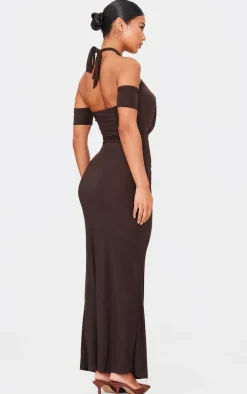 Chocolate Double Layer Slinky Cowl Neck Sleeve Detail Maxi Dress