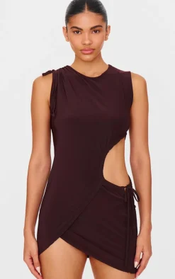 Chocolate Double Layer Slinky Ruched Cut Out Mini Dress
