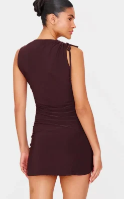 Chocolate Double Layer Slinky Ruched Cut Out Mini Dress