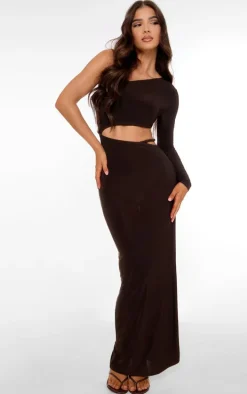 Chocolate Double Layer Soft Touch One Sleeve Cut Out Dress