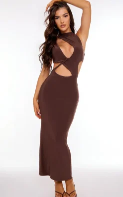 Chocolate Double Layer Twist Front Button Detail Maxi Dress