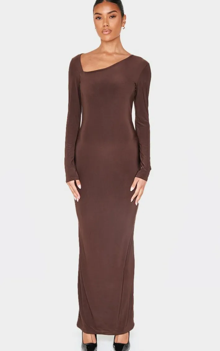 Chocolate Double Slinky Asymmetric Neck Line Long Sleeve Maxi Dress